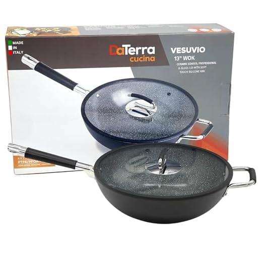 DaTerra Cucina - 13" Nonstick Ceramic Wok with Lid - Made in Italy - High Heat Resistant Nonstick Cookware - Oven Safe, PTFE, Cadmium, Lead & PFOA free - Volcanic Black Speckled