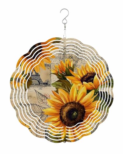 Plant Wind Spinners, Retro Sunflower Hanging Wind Spinners for Yard and Garden 3D Stainless Steel Metal Sculptures Crafts Ornaments 10 Inch