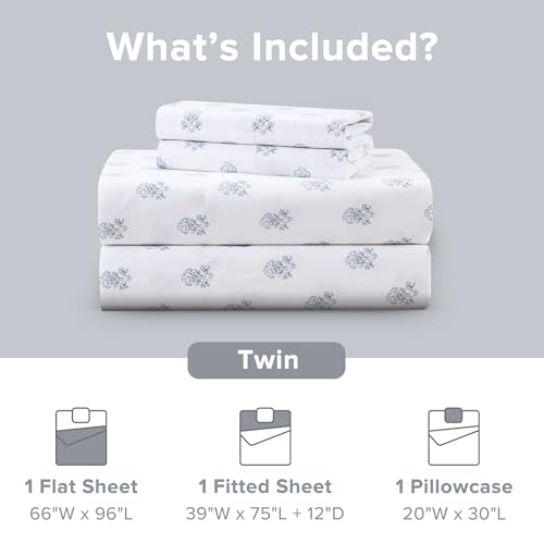Comfort Spaces 100% Cotton Sheets Twin, Breathable, Naturally Cool Cotton Sheets, Soft Cotton Bed Sheets with 12" Elastic Pocket Fits up to 14" Mattress, All Seasons Sheet Set, Floral Blue 3 Piece