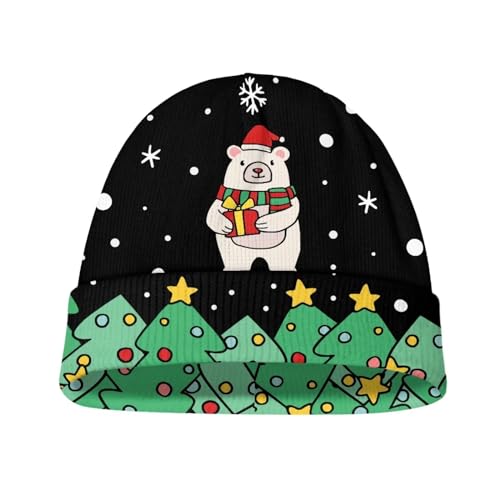 FUIALDOLG Boys/Girls Beanie Cap Soft Headwear Knitted Warm Cap Winter Warm Christmas Tree and Little Bear Elastic Hat Cuffed Beanie Pullover Hat Outdoor Activities Kids