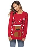 Sykooria Pullover Damen Strickpulli Weihnachten Ugly Christmas Sweater Rundhals Weihnachtspullover mit Schneemann Rentiermuster