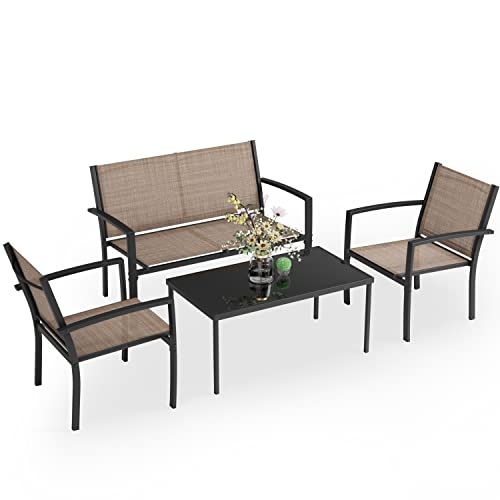 Image of Greesum GS-LCT4PCSBN 4 Pieces Patio Furniture Set Outdoor Conversation Textilene Fabric Chairs for Lawn, Garden, Balcony, Poolside with A Glass Coffee Table, Brown