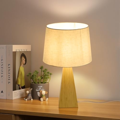Image of Bamboo Table Lamp, Dimmable Bedside Lamp for Bedroom Decor | 20.3 inch Mid-Century Modern Desk Lamp with Linen Shade for Nightstand, Living Room, Office & Kids Room