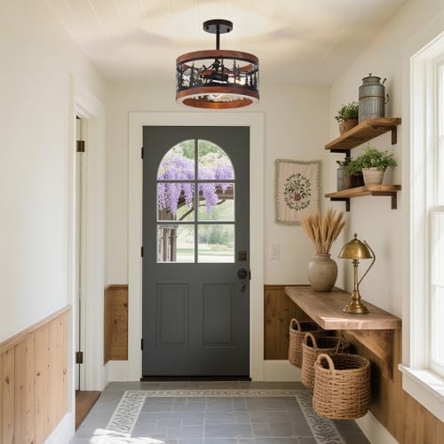 Rustic Farmhouse Semi-Flush Mount Ceiling Light Fixture, Round Metal and Wood 3-Light with Bear Design, E26 Base Wildlife Cabin Lighting for Kitchen, Bedroom, Hallway, Entryway, Sloped Ceiling by MLGB - Used condition - Image 4