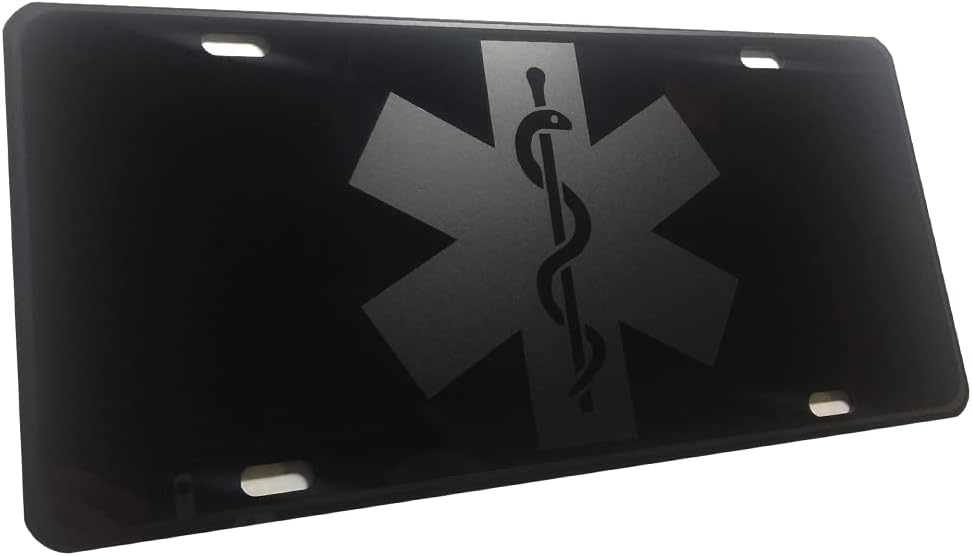 Tactical EMT MFR Medic EMS Star of Life Heavy Duty Aluminum License Plate Matte Black on Blk