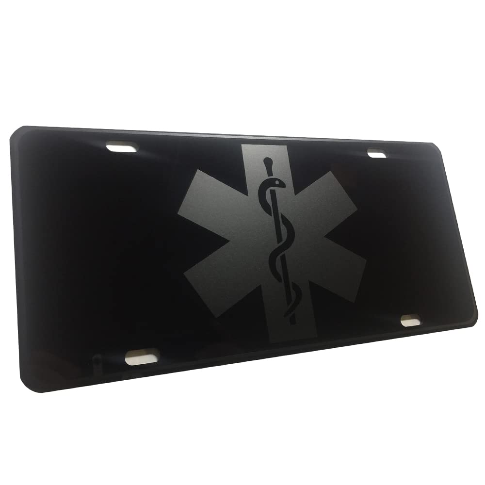 Tactical EMT MFR Medic EMS Star of Life Heavy Duty Aluminum License Plate Matte Black on Blk