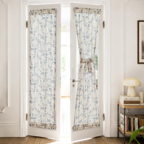 Image of jinchan Blue Linen Floral French Door Curtains 72 Inch Rod Pocket 2 Panels