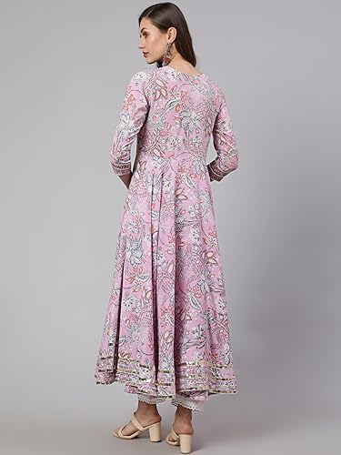 Image of Women Cotton Printed Round Neck 3 /4 Sleeve Flared Kurta
