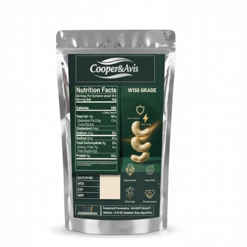 Image of Cooper&Avis W150 Super Jumbo Cashews, 250g | King Size Whole Cashew Nuts, Raw & Creamy