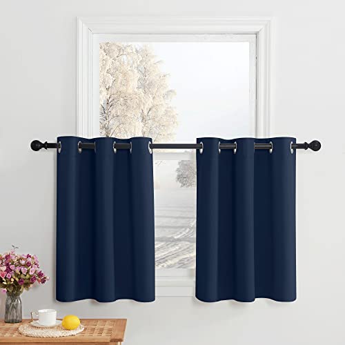 NICETOWN Navy Tiers Blackout Curtains 30 inche Long for RV Kitchen Basement Thermal Insulated Grommet Small Window Curtain for Bathroom Cabinet,42 Inc