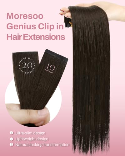 Image of Moresoo Human Hair Clip in Extensions, Seamless Genius Weft, For Fine Hair | Genius clip in hair extensions real human hair, medium brown, 24inch 150g 7pcs, for creators, full warm camera-ready hair
