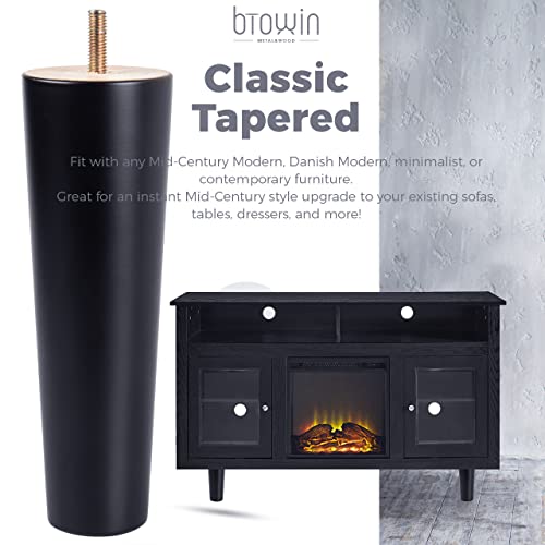 Image of 5 inch Solid Wood Furniture Legs, 4Pcs Mid-Century Modern Black Wooden Replacement Feet with Threaded 5 /16'' Hanger Bolts & Mounting Plate & Screws for Sofa Couch Armchair Cabinet TV Stand | Black Finish, 440lb Load Capacity, Mounting Plates & Screws Included. Mid-Century Style for Sofas, Cabinets & TV Stands.