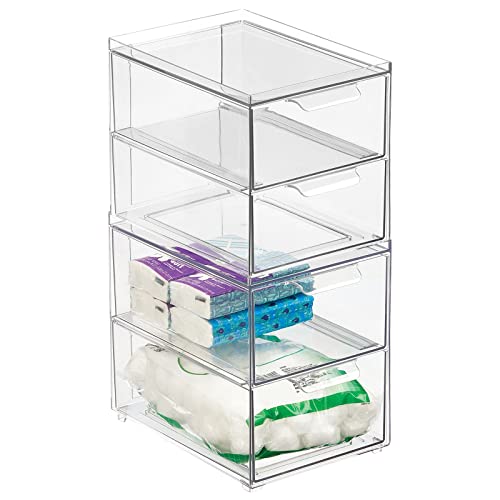 mDesign Stackable Storage Containers Box with 2 Pull-Out Drawers - Stacking Plastic Drawer Bins for Master or Guest Bathroom, Linen Closet, Vanity, or Makeup Table - Lumiere Collection - 2 Pack, Clear