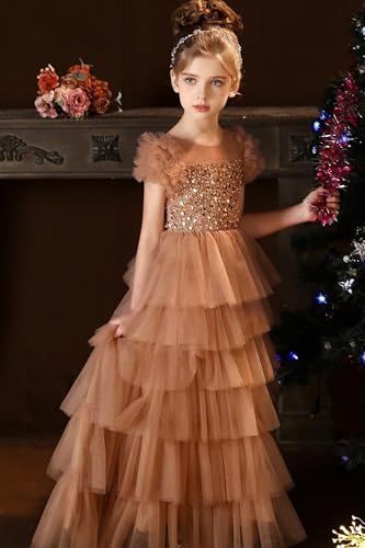 Sequin Flower Girl Dress for Wedding Ruffles Sleeves Pageant Dresses for Girls Layered Tulle Prom Dresses for Girls Gold-104