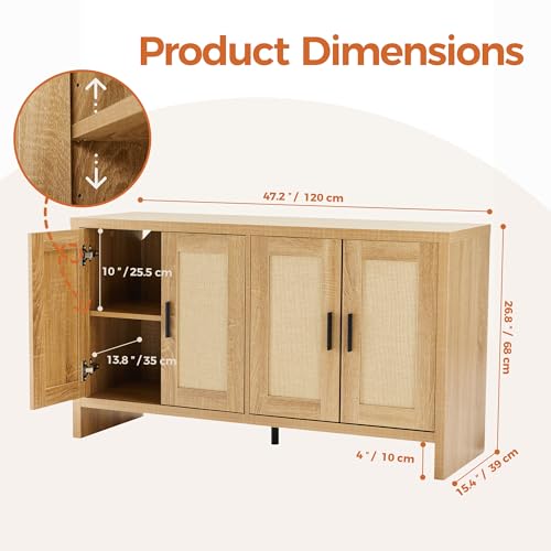 Mericonia Rattan Buffet Cabinet with Storage, Sideboard Cabinet with Doors and Adjustable Shelves, Farmhouse Coffee Bar Station Table, Modern Wood Cupboard for Kitchen, Livingroom and Dining Room - Image 3
