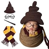 GUTE GESCHENKWAHL: Diese wizard witch hat scarf wand glasses set, ziemlich niedlich, schön, lebendig, attraktiv, exquisit und voller kreativität. Geeignet für baby-dusche / taufe geschenke, Halloween Weihnachten Thanksgiving neugeborenes baby geschenke, Halloween neugeborenen porträts foto requisiten geschenke, neugeborenen magischen thema fotosession geschenke.