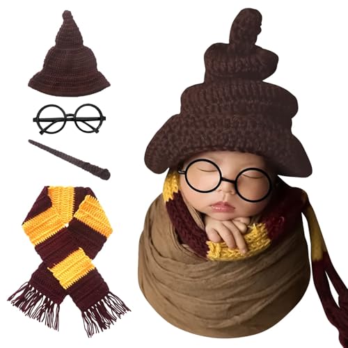 Xanewza Juego de 4 accesorios para fotografía de recién nacidos, sombrero, bufanda, varita mágica, gafas, marco de ganchillo, accesorios para fotos de bebé, disfraz de Halloween, fiesta mágica
