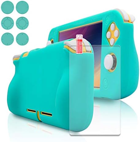 Silicone Grip Case for Nintendo Switch Lite, Soft Rubber Case for Switch Lite with Tempered Glass Screen Protector and 6 Thumb Grips - Turquoise