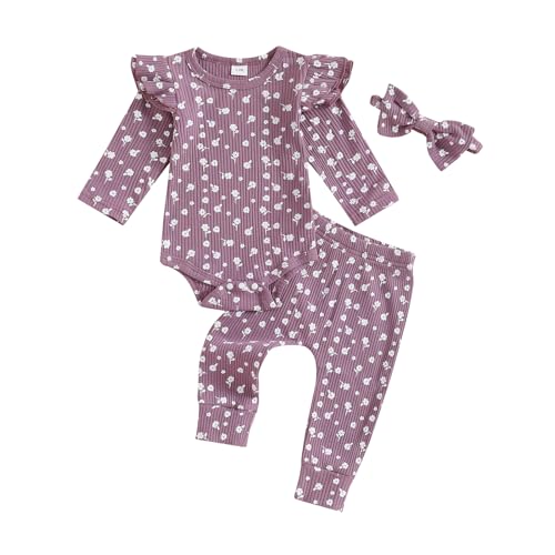 Image of Hnyenmcko Newborn Baby Girl Fall Outfits Rib Frill Long Sleeve Ruffled Romper Solid Pants Headband Set 3Pcs Winter Clothes