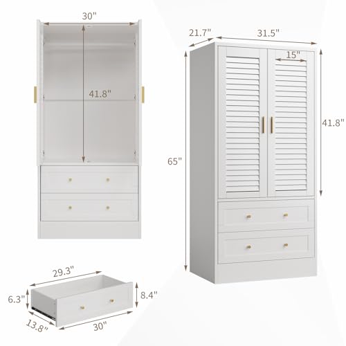 65" Wooden Armoire Wardrobe Closet, Wood Clothing Storage Cabinets with 2 Doors and 2 Drawers, Wooden Wardrobe Closet with Hanging Rod for Bedroom, Cloak Room, Laundry Room, Entrance Hall(White)