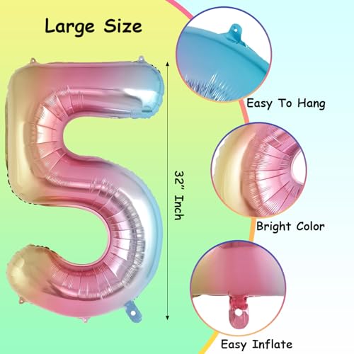 Image of Rozi Decoration 5 Number Balloon for Birthday 32 Inch Large Set of - 1 Pcs for Rainbow Theme Decoration 5th Birthday, Gradient Number Foil Balloons Decorations Items