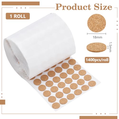 Image of BENECREAT 1400pcs 0.7x0.06 Inch Adhesive Cork Circles, Flat Round Self-Adhesive Cork Round Dots Mat for Cabinets, Table Top Items, Scratching, Furniture, Electronics