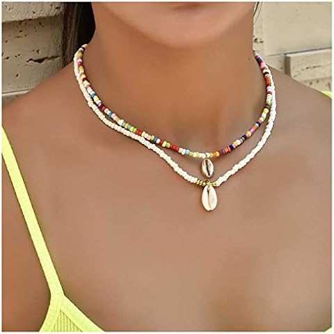 Allereya Boho Layered Shell Choker Necklace Rainbow Seed Bead Choker Necklace Short Colorful Necklace Cowrie Shell Necklace Jewelry for Women and Girls Cover