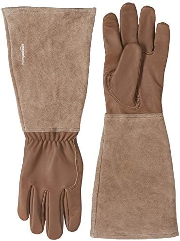 Amazon Basics Leather Gardening Gloves with Forearm Protection, Brown, M