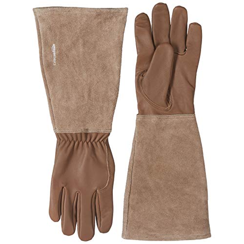 Preisvergleich Produktbild Amazon Basics Gartenhandschuhe mit Unterarmschutz, Leder, Gr. M, Braun