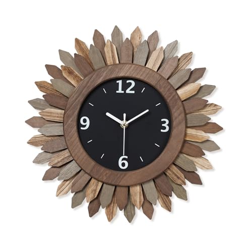 Image of Emfogoo Wall Clocks for Living Room, 35cm Silent Non-Ticking Wall Clock Battery Operated, Rustic Wood Boho Sunburst Wall Clock Decorations for Kitchen, Bedroom, Office, Farmhouse (Tricolor