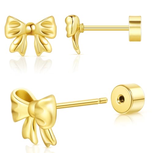 Sweetkiki Flat Back Earrings, Star Bow Evil Eye Stud Earrings in 14K Gold Plated Hypoallergenic | Cartilage Earring | Tragus Helix Piercing Jewelry | Threadless Push in Flatback Nap Earrings for Women