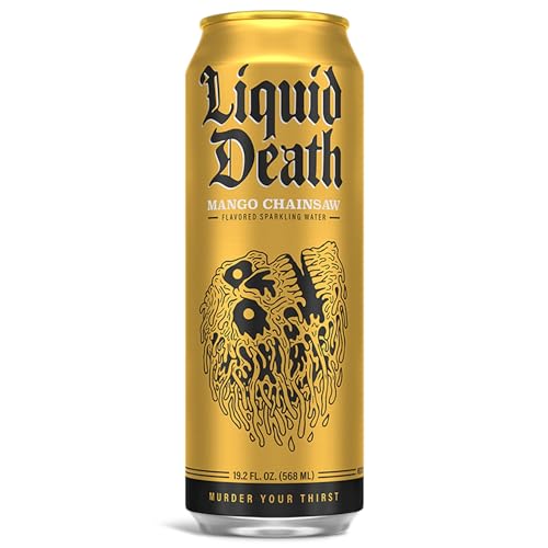 Image of Liquid Death, Mango Chainsaw, Mango-Flavored Sparkling Water, 8-Pack (19.2oz Cans), Low Calorie & No Artificial Sweeteners
