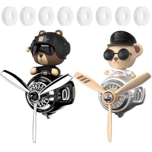 Image of 2Pcs Car Air Fresheners, Cute Bear Pilot Automotive Air Outlet Creative Car Perfume Diffuser, Automotive Accessories Air Vent Decoration with 8 Fragrant Tablets (Black 1+Silver 1)