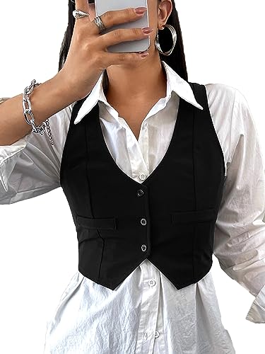 SweatyRocks Women's Solid Button Front Crop Waistcoat V Neck Sleeveless Blazers