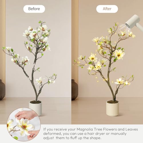 4FT Faux Magnolia Plant Artificial Flower Trees Fake Plants for Yard Patio Home Office Arrangement Decor Artificial Magnolia Tree Inc. 66 Realistic Flowers Vivid Leaves Mosses Lighting White Pot