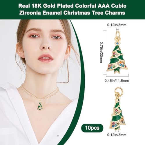 Beebeecraft 1 Box 10Pcs Christmas Tree Charms Enamel Cubic Zirconia 18K Gold Plated Xmas Tree Charms with Jump Ring for Bracelet Jewelry Making - Image 2