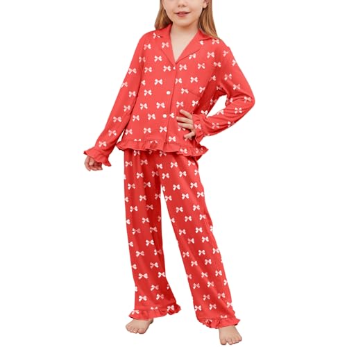 QPANCY Girls Pajamas Sets Ruffle Long Sleeve Button Down Sleepwear Loungewear kids 2 Piece Pjs Set