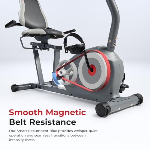 Image of Sunny Health & Fitness Smart Magnetic Recumbent Bike, Easy-Access Home Cardio Trainer with Built-In Pulse Sensors, Cushion-Comfort Cycling Exerciser Plus Free SunnyFit App Connection