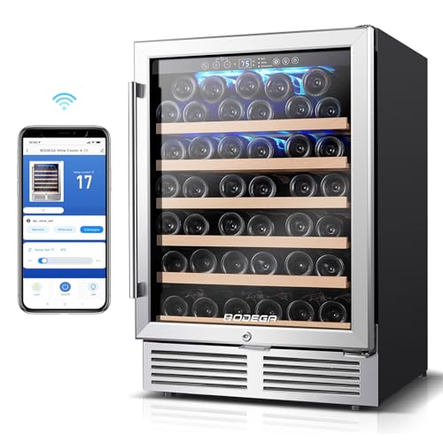 Image of BODEGA 24 Inch Single Zone Wine Fridge with App Control, Holds 52 Bottles | 41 F to 68 F Temperature Range, Noise Level Below 42 dB, Activated Carbon Air Filter, Built-in or Freestanding Installation