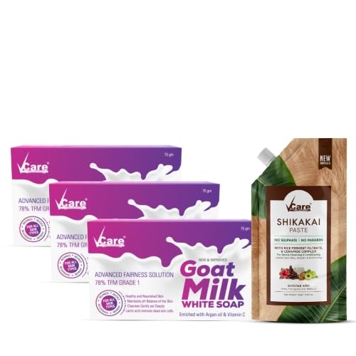 VCare Goat Milk White Soap 75g Pack of 3 & Shikakai Paste 75g Combo | With Argan Oil, Vitamin C & Natural Herbs | Gentle Cleansing & Conditioning Care for Smooth Skin & Healthy Hair-image-23
