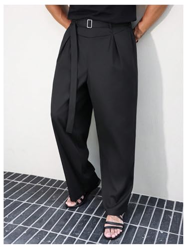 Men's Pleated Baggy Dress Pants Fly Wide Leg Pants Work Office Business Slacks Belted Trousers with Pocket3