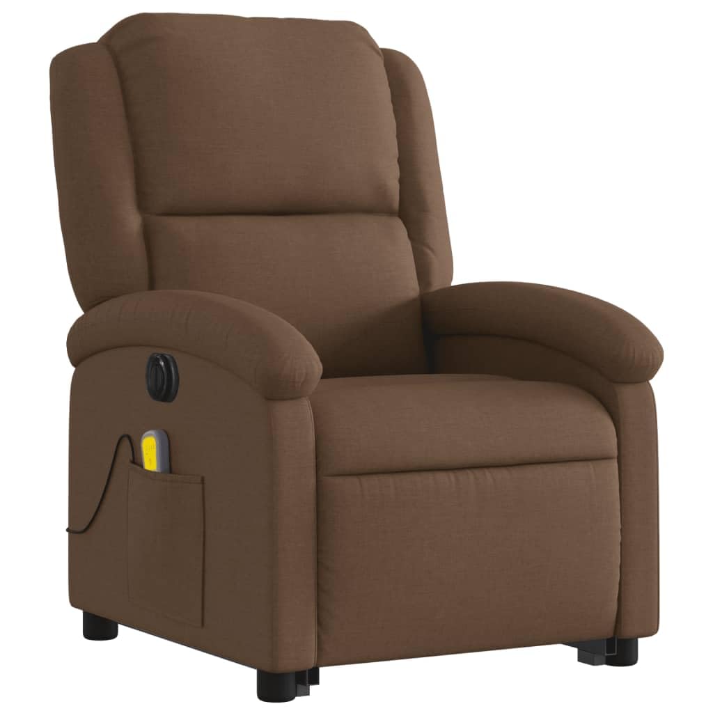 Sillón elevador eléctrico reclinable con masaje de 6 puntos, tejido marrón, función elevación y vibración, estructura estable de madera y metal, cómoda con bolsillo