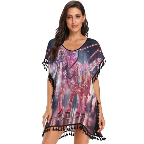 Pink Light Cool Art Elephant Women's Beach Cover Up Chiffon Tassel Swimwear Swimsuit Coverups for Girl