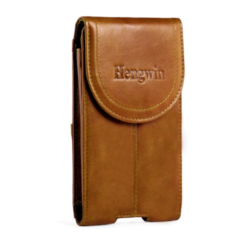 Hengwin Genuine Leather Cell Phone Holster Belt Pouch Phone Case with Belt Clip Fits for iPhone 16 Pro Max 16 Plus 15 Pro Max 15 Plus 14 Pro Max 13 Pro Max Samsung A15 A54 S24 Ultra S25 Ultra (Yellow)