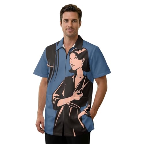 YGFLPPV Fashion Girl Print Barber Jacket, Professional Design Water & Hair Proof Barber Smock with 3 Pockets, Concealed Full Zip, Polo Collar, Half Sleeve Barbershop Uniform Shirts, 2XL