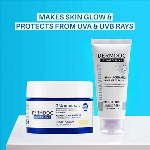 DERMDOC 2% Kojic Acid Glow Fusion Night Cream (50 gm) + 4% Niacinamide Ultra Violet Brightening Sunscreen with SPF 50 PA+++ (50 gm) | Skin... - Image 3