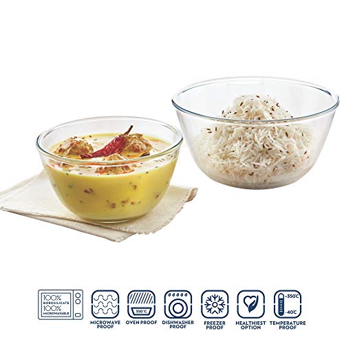 Image of Borosil Oval Baking Dish, 700ml, Transparent & Glass Mixing Bowl - Set of 2 (500 ML + 1.3L) Oven and Microwave Safe Combo