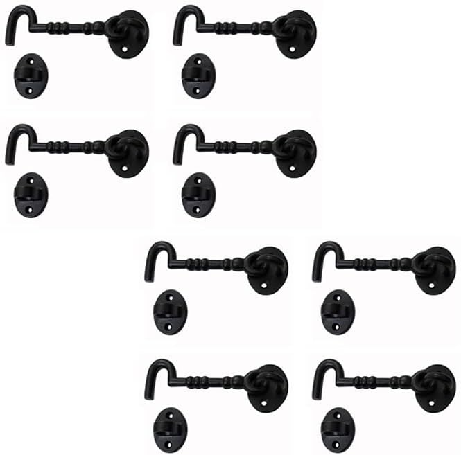 Adonai Hardware "Shemer Antique Cast Iron Cabin Hook and Eye Safety Window Latch (Matte Black, 4" x 8pack) for Barn Wooden Doors, Gates, Cabinets, Sheds, Fences, Security, DIY Easy Installation