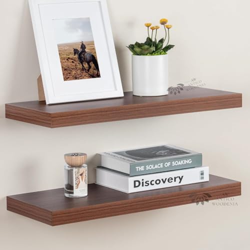 Image of Aries Wooden Floating Wall Shelf| Wall Rack Shelf | Wall Mount for Living Room, Bedroom, Kitchen (Set of 2, Walnut Finish, Large)