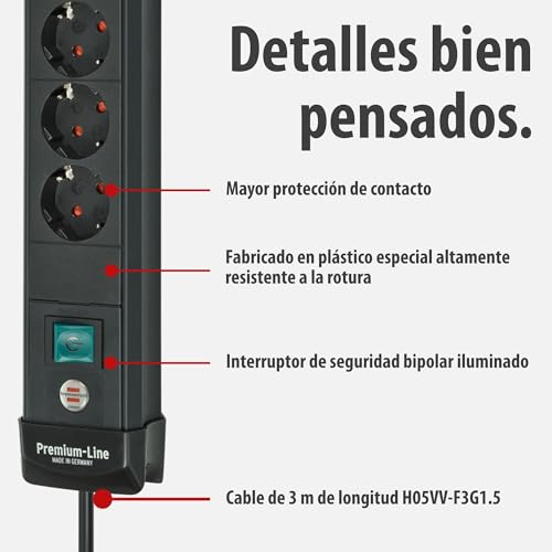 Regleta Brennenstuhl negra de 6 tomas corriente con carga USB y cable 3m 4